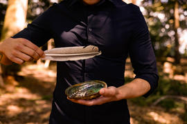 Abalone shell smudge bowl with Sage and Feather - O3A6385