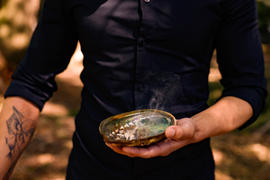 Abalone shell smudge bowl with Sage - O3A6402