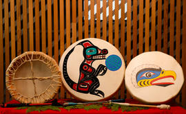 Collection of Drums including stqayeʔ q̓əwət (Wolf Drum). - O3A6349