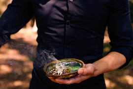 Abalone shell smudge bowl with Sage - O3A6399